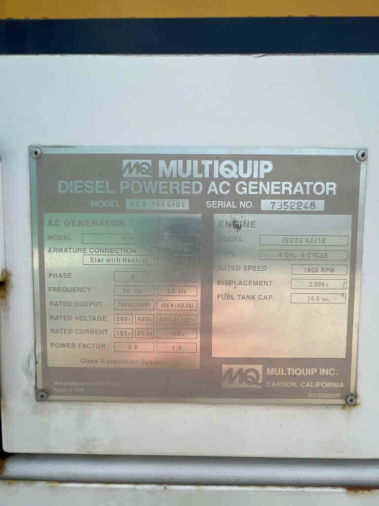 Multiquip DCA70SSIU2 Trailer Mounted Diesel Generator - Tier 3