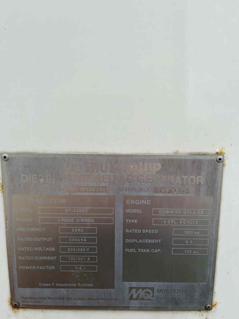 Diesel Generator: Multiquip DCA300SSCU2 Trailer Mounted
