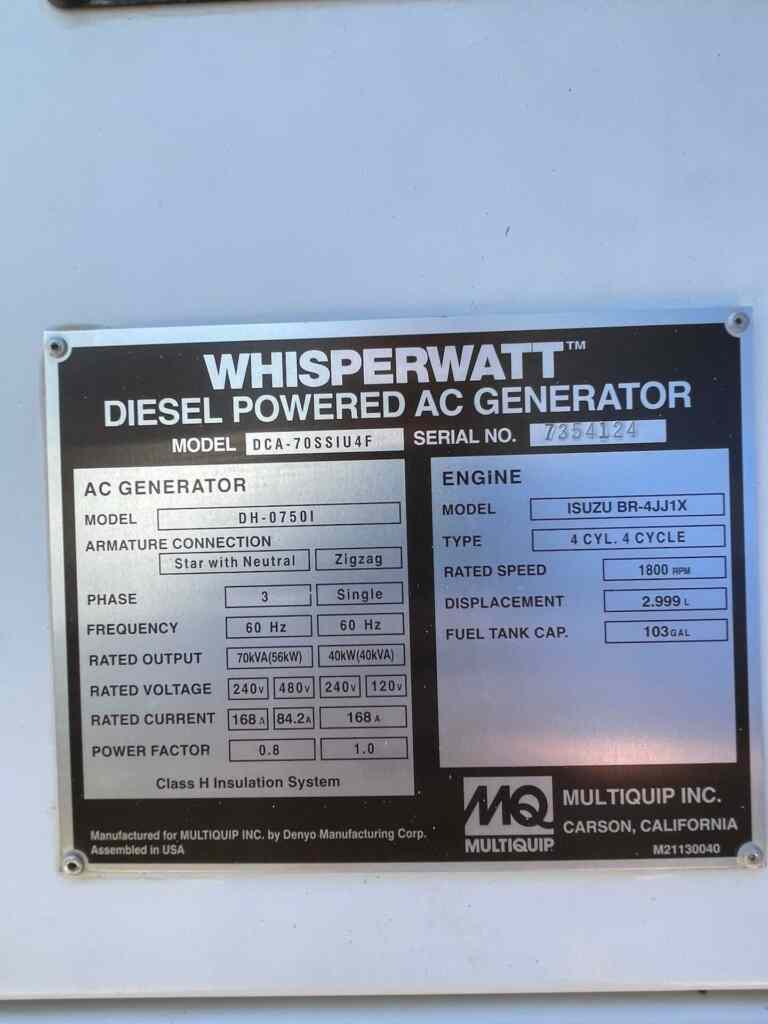 Diesel Generator: Multiquip DCA70SSIU4F Trailer Mounted