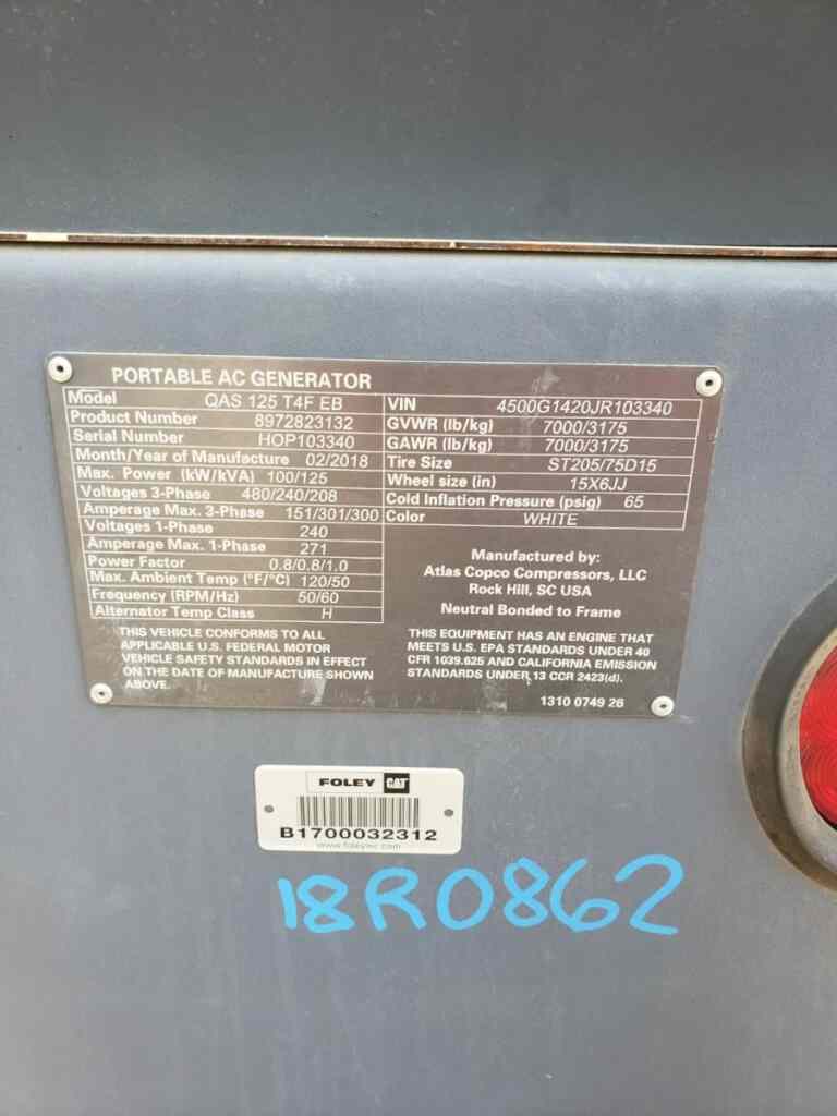 Diesel Generator: Atlas Copco QAS125 Trailer Mounted