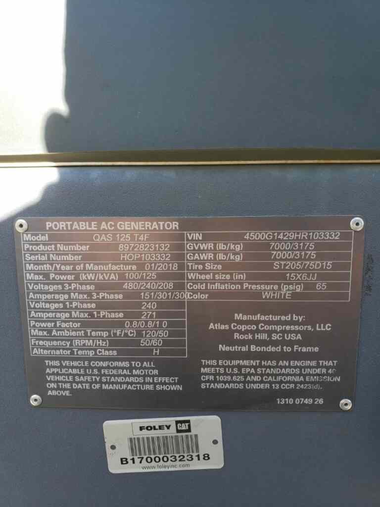 Atlas Copco QAS125 Trailer Mounted Diesel Generator