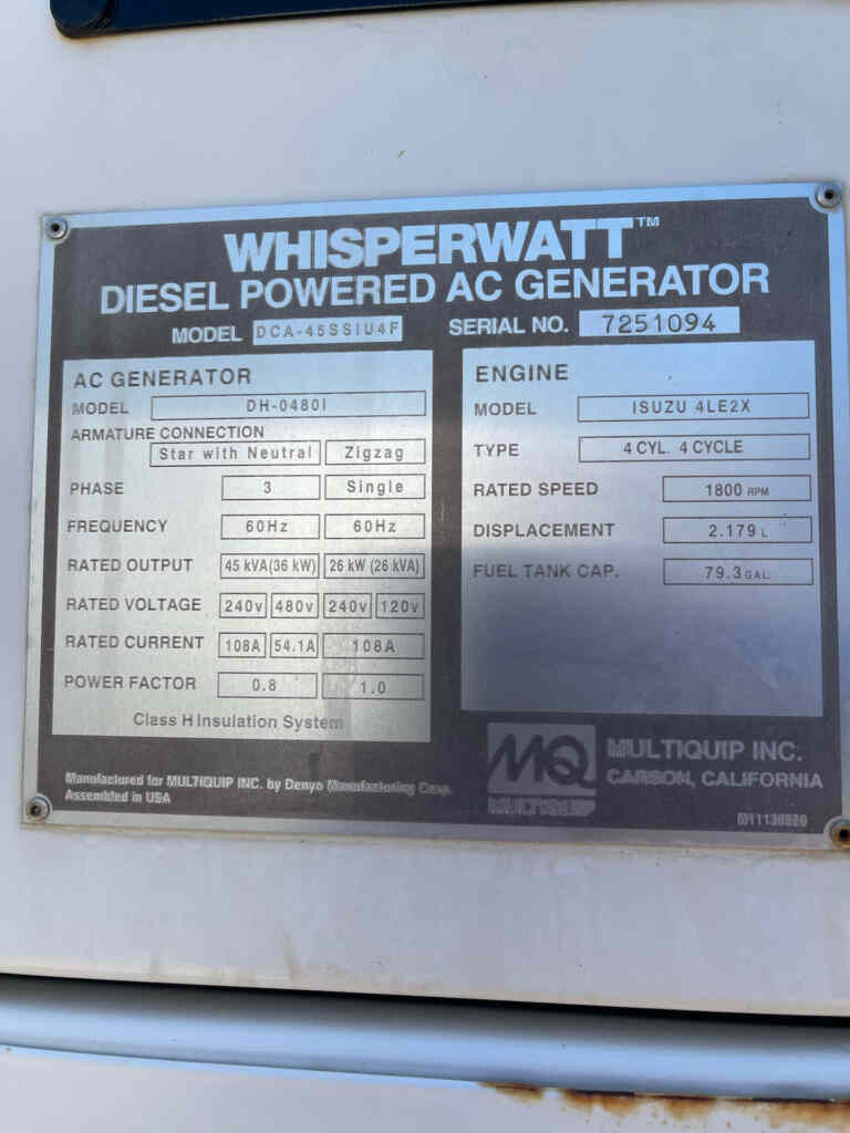 Diesel Generator: Multiquip DCA45SSIU4F — Trailer Mounted