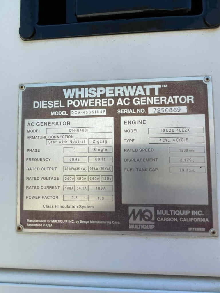 Diesel Generator: Multiquip DCA45SSIU4F Trailer Mounted