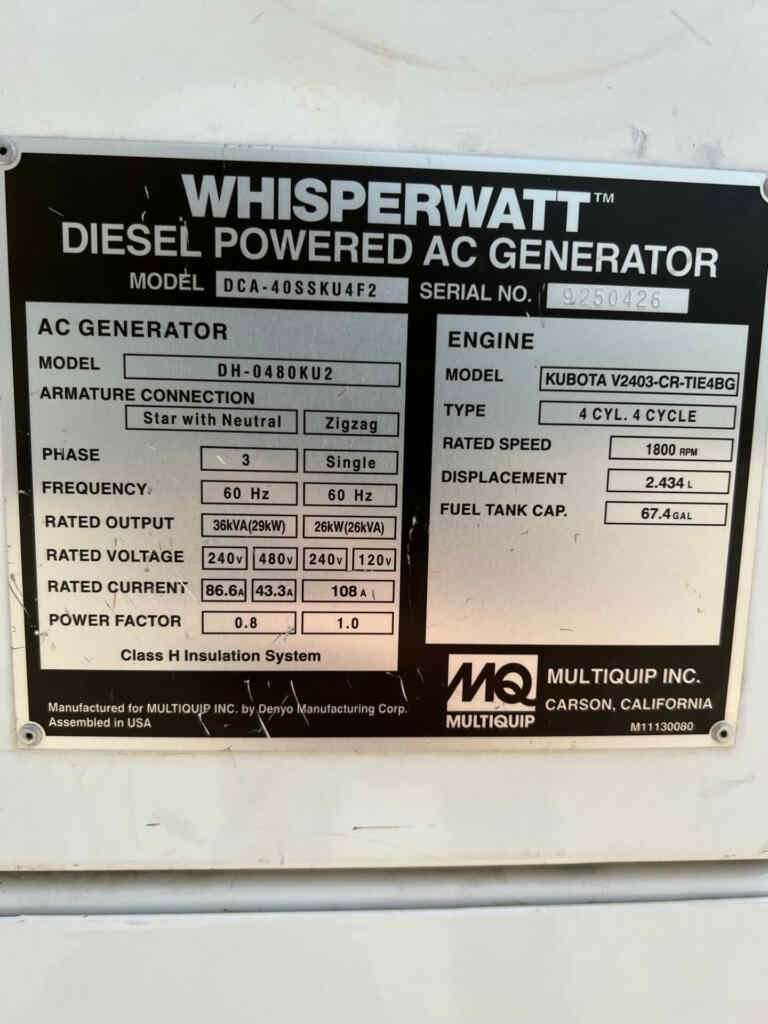 Multiquip DCA40SSKU4F2 Standby Generator