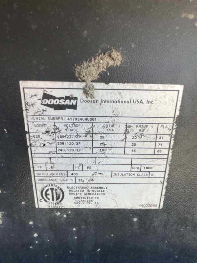 Doosan G25 Trailer Mounted Diesel Generator - Tier 3