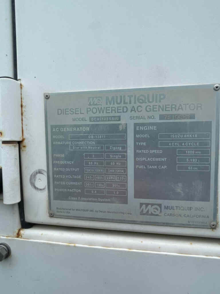 Multiquip DCA125SSIU Trailer Mounted, Diesel Generator - Tier 3