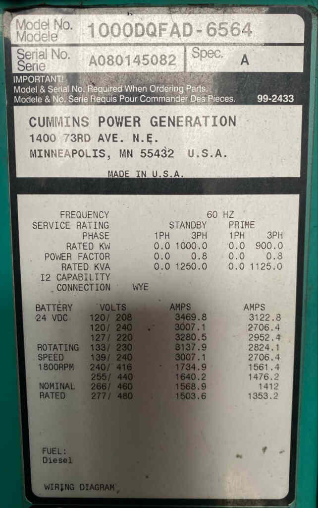Diesel Power Module: Cummins C1000D6RG - Tier 2