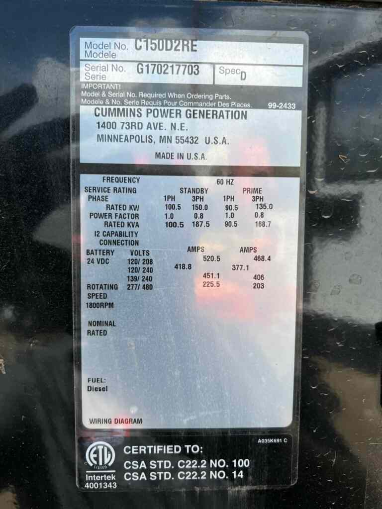 Cummins C150D2RE Trailer Mounted Diesel Generator