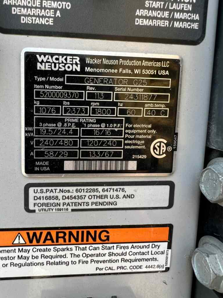 Wacker Neuson G25 Trailer Mounted Diesel Generator - Tier 3