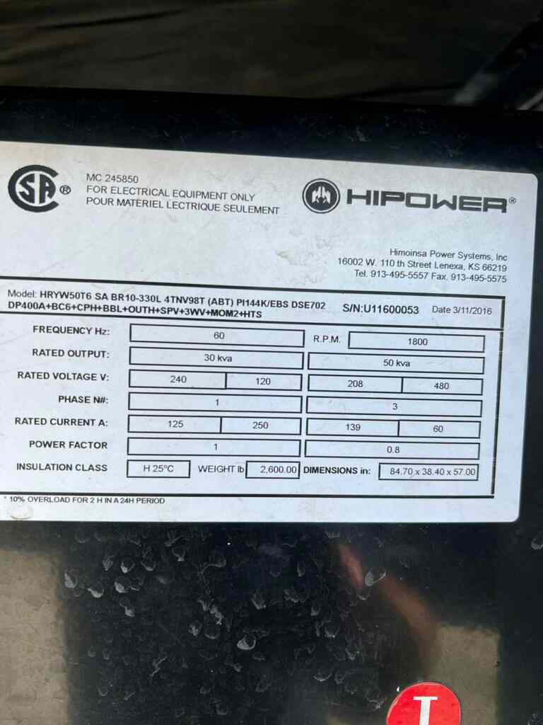 HiPower HRYW50T6 Trailer Mounted Diesel Generator - Tier 3