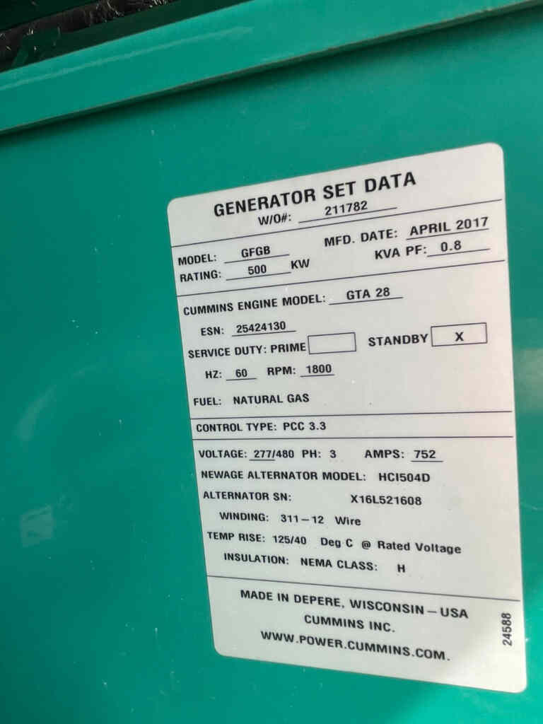 Cummins 500GFGB Standby Natural Gas Generator