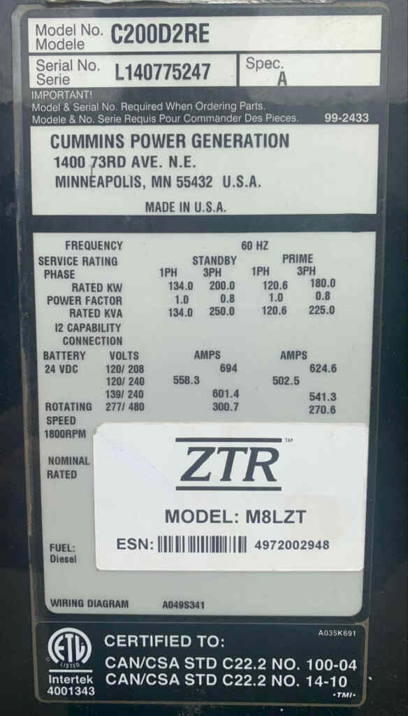Cummins C200D2RE - Trailer Mounted Diesel Generator