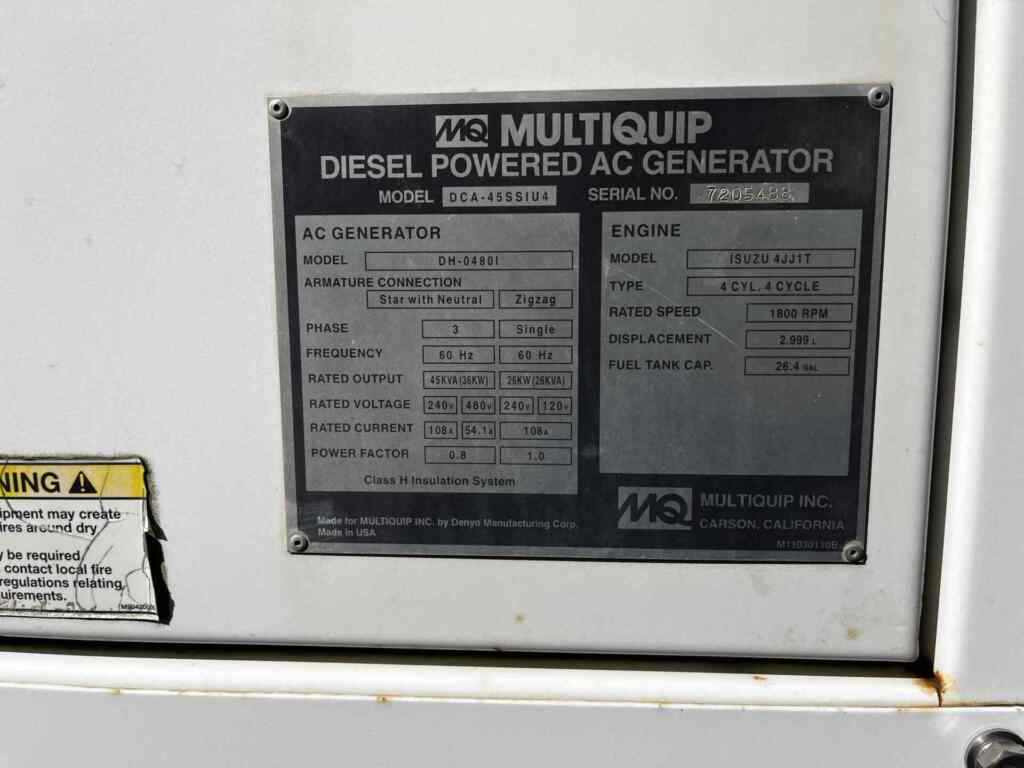 Multiquip DCA45SSIU4 Trailer Mounted Diesel Generator
