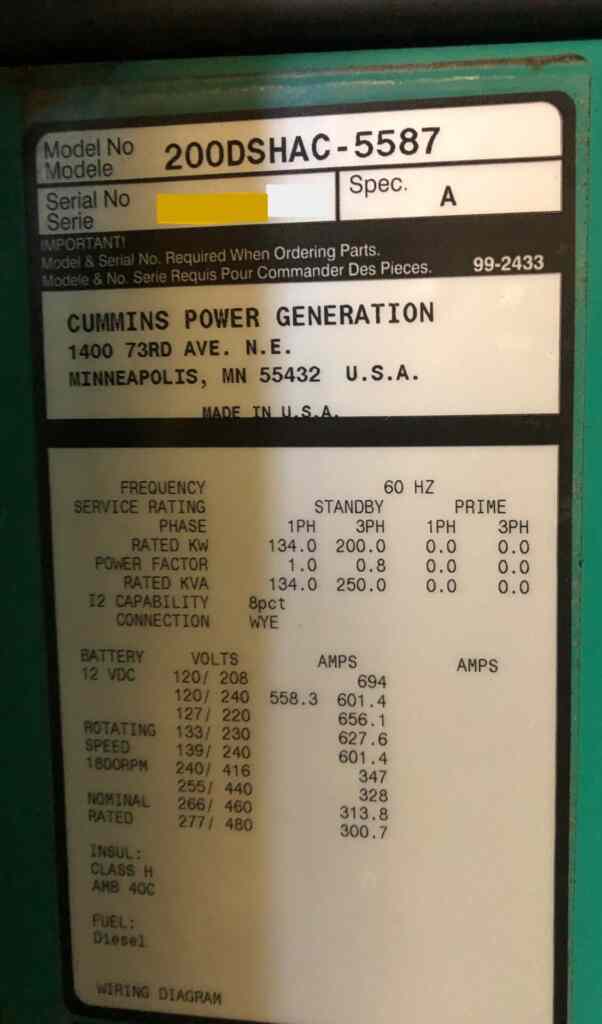 Cummins 200 KW Standby Diesel Generator - Tier 3