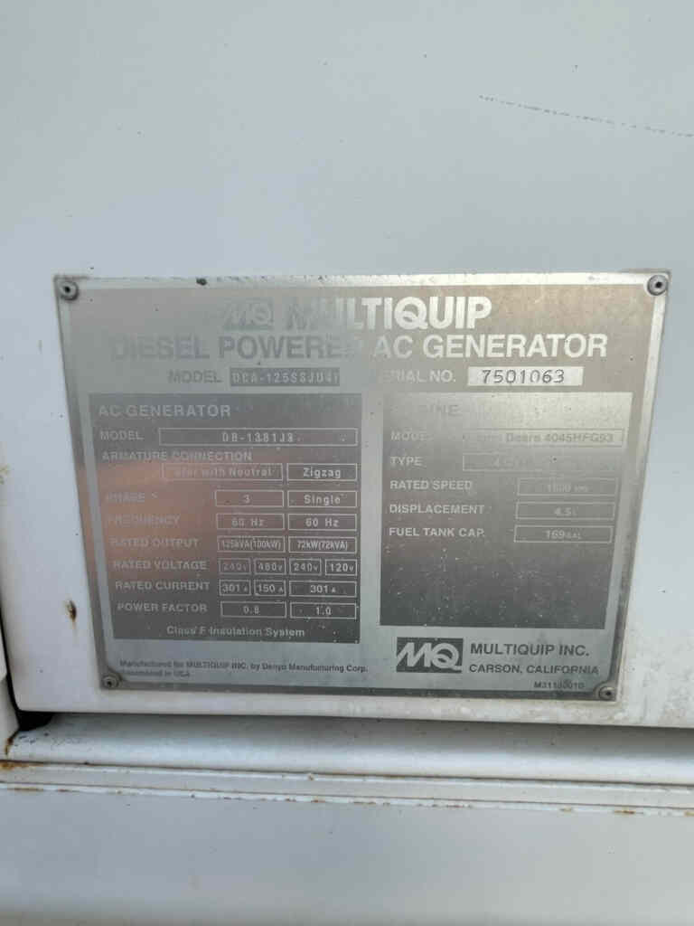 Diesel Generator, Trailer Mounted: Multiquip DCA125SSJU4i
