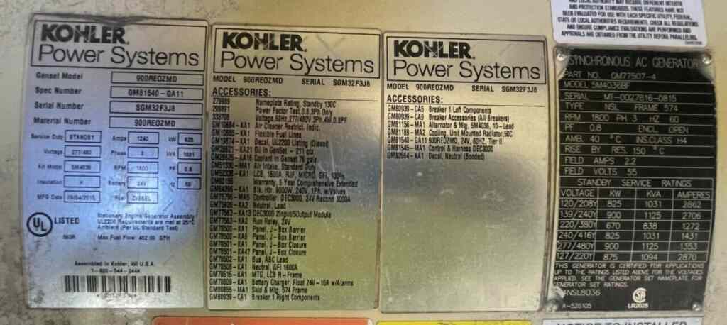 Kohler 900REOZMD Standby Diesel Generator - Tier 2