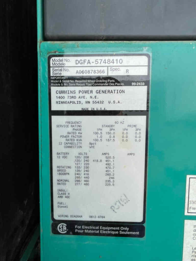Cummins DGFA Standby Diesel Generator - Tier 3