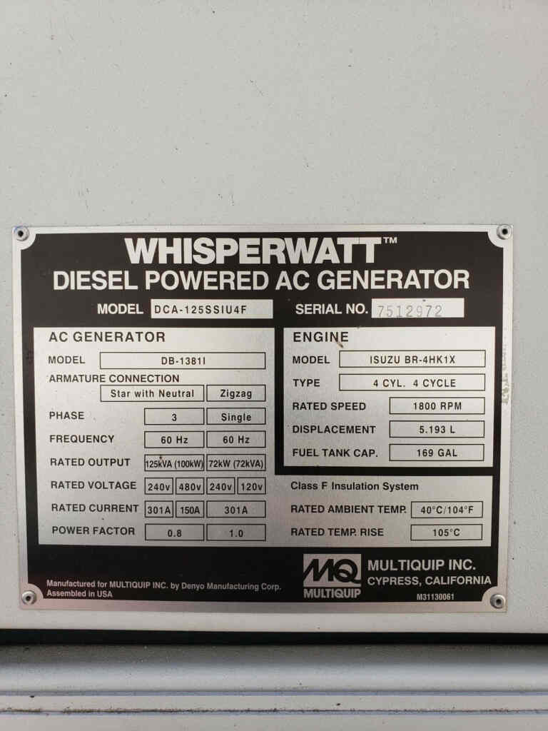 Multiquip DCA125SSIU4F Trailer Mounted Diesel Generator