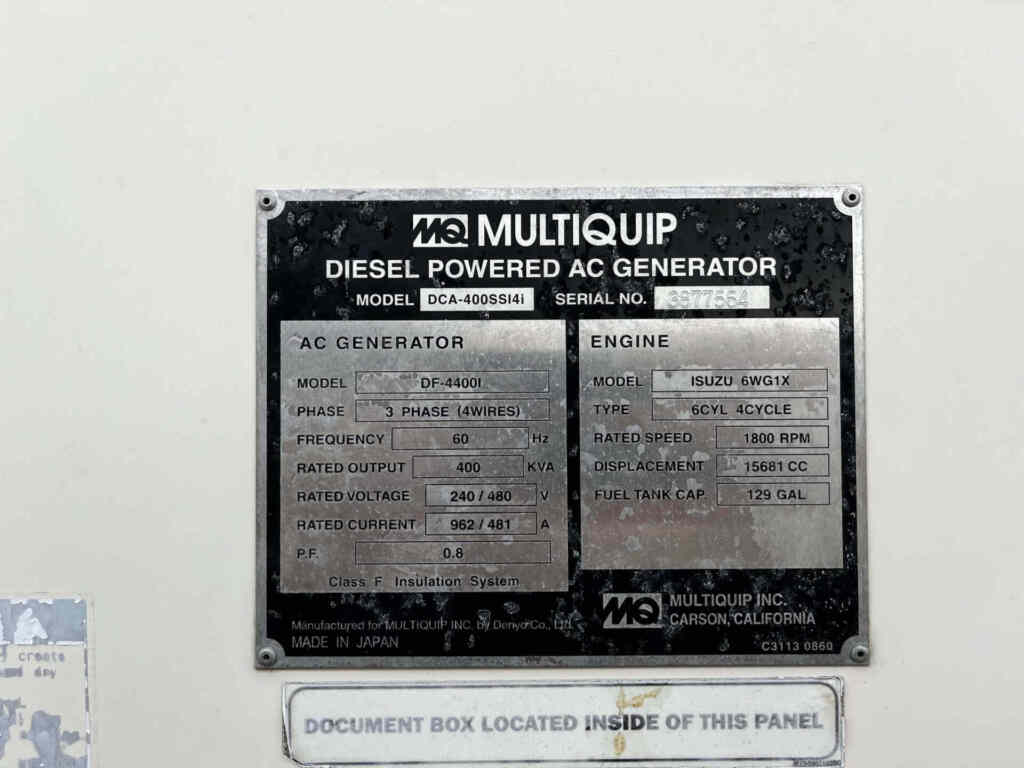 Diesel Generator: Multiquip DCA400SSI4i Trailer Mounted