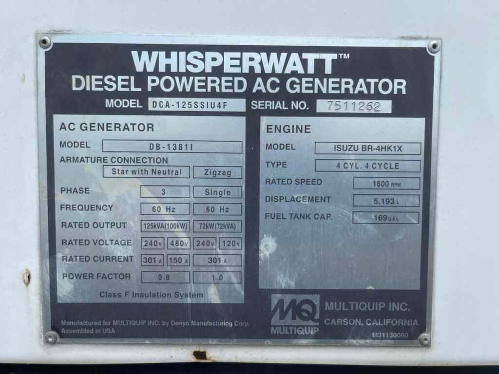 Multiquip DCA125SSIU4F Trailer Mounted Diesel Generator