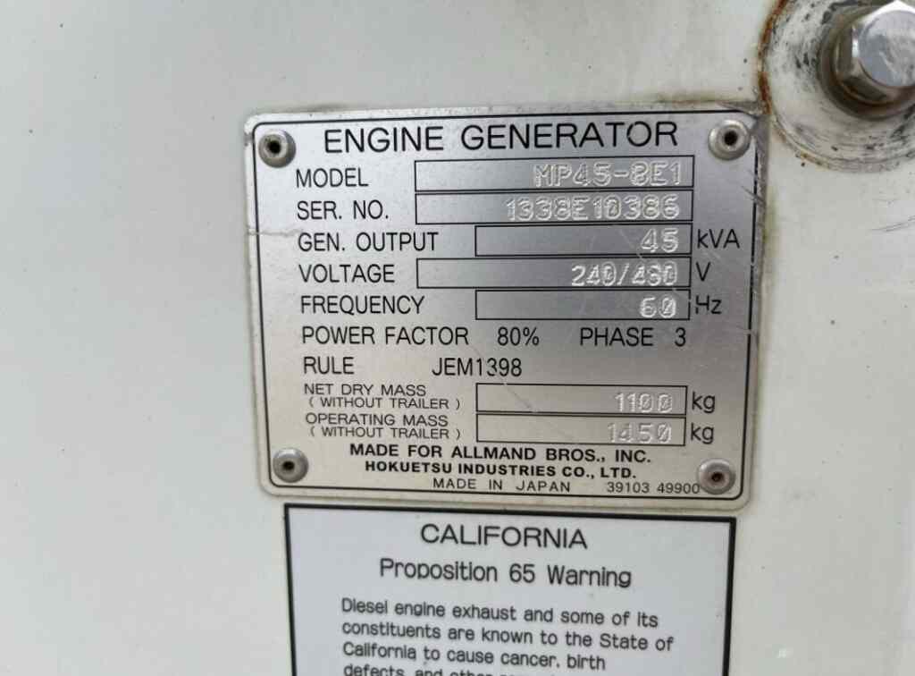 Allmand MP45 Trailer Mounted Diesel Generator - Tier 3