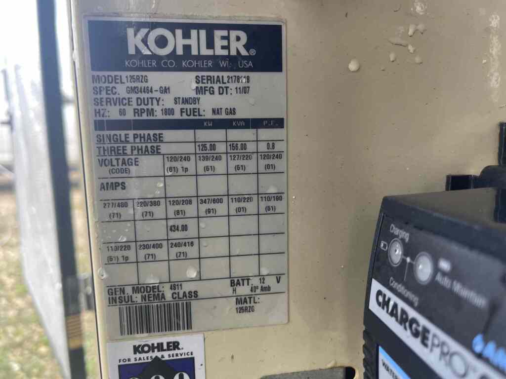 Kohler 125RZG Standby Natural Gas Generator