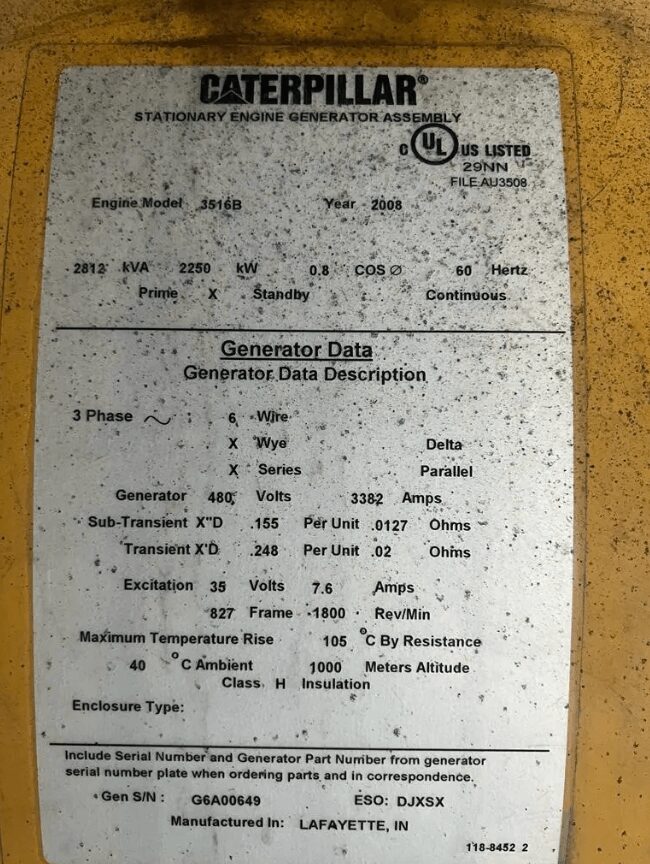 Caterpillar 3516B Standby Diesel Generator
