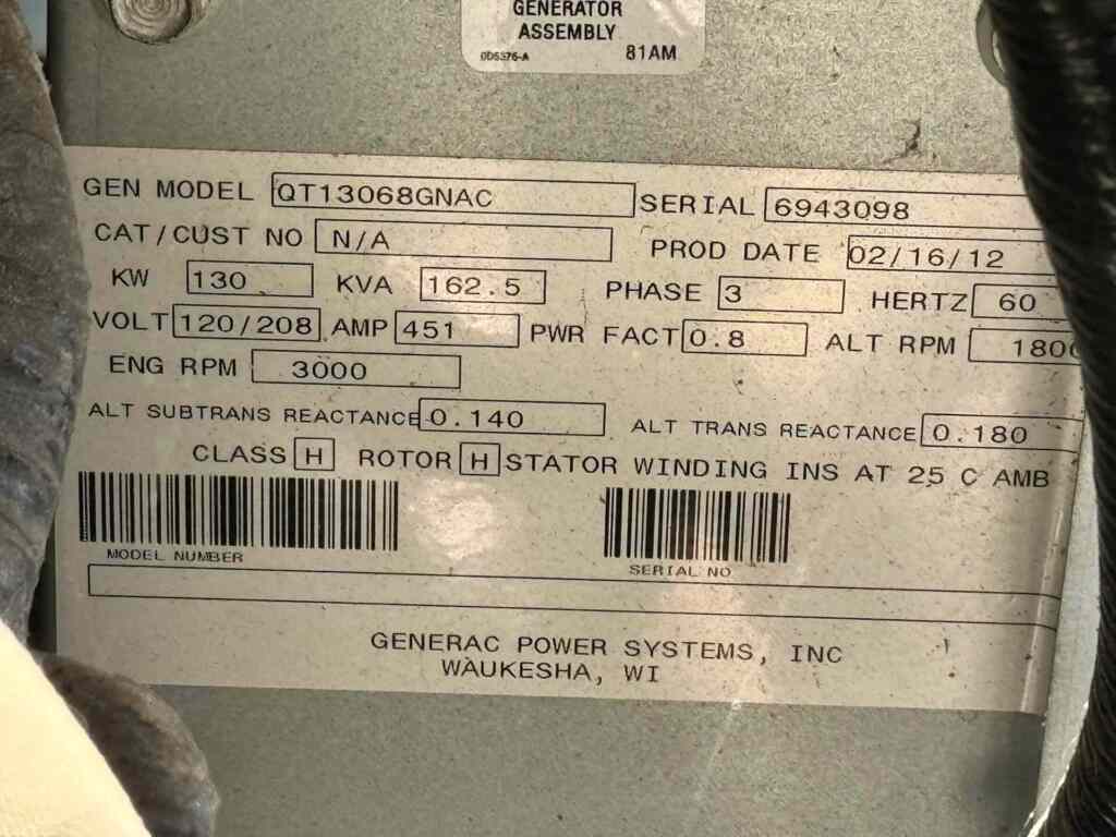 Generac 130KW Standby Natural Gas Generator