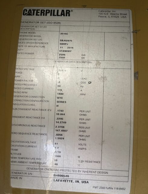 Caterpillar 3516C Standby Diesel Generator
