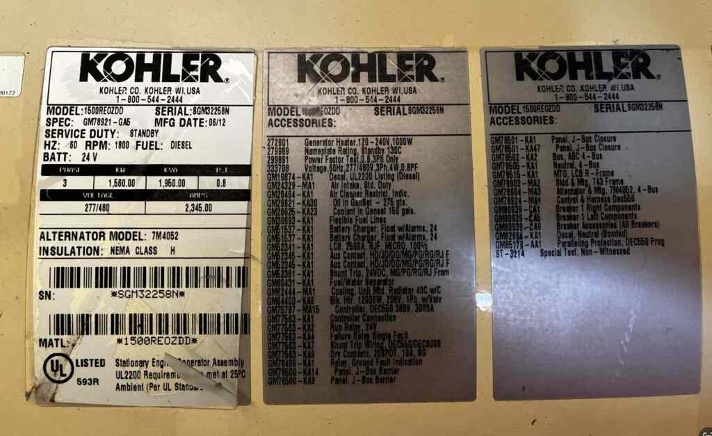 Kohler 1500REOZDD Standy Diesel Generator - Tier 2