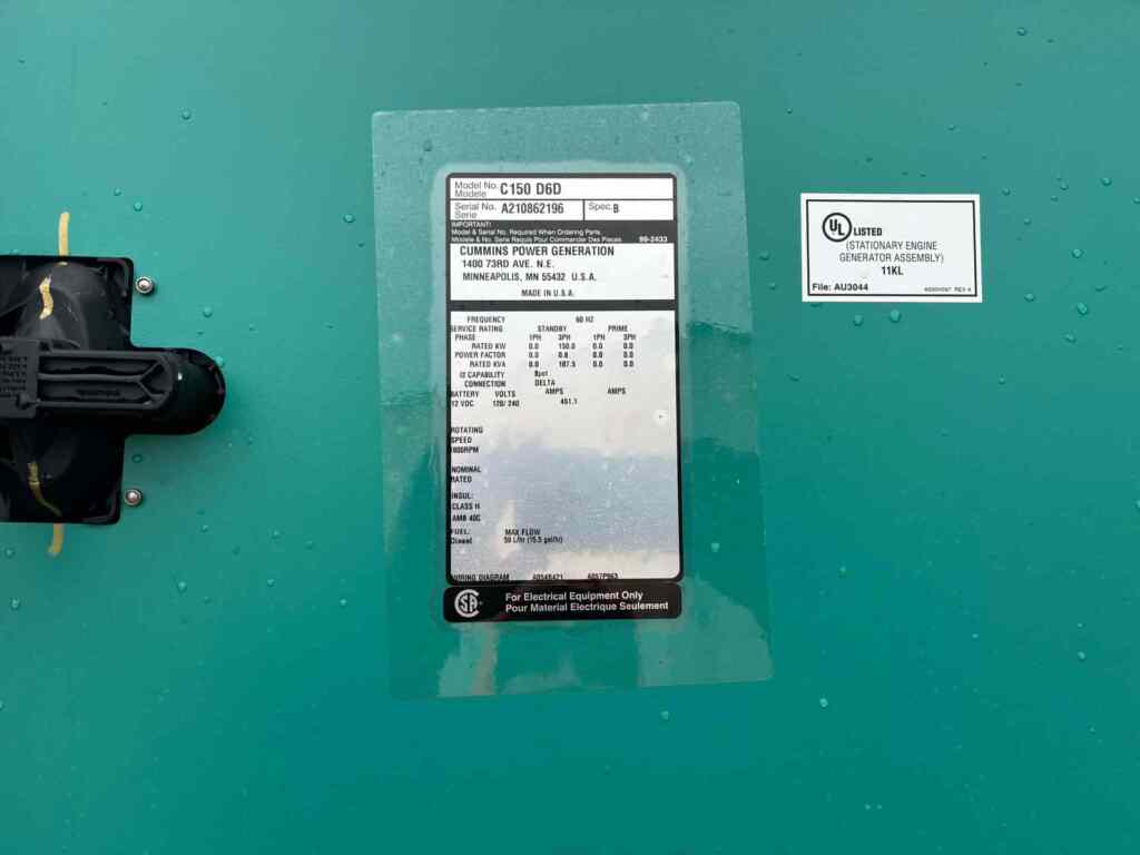 Cummins C150D6D Standby Diesel Generator - Tier 3
