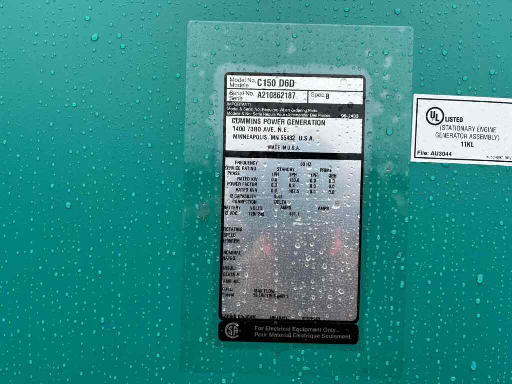 Cummins C150D6D Standby Diesel Generator - Tier 3