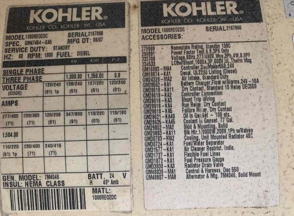 Kohler 1000REOZDC Standby Diesel Generator - Tier 2