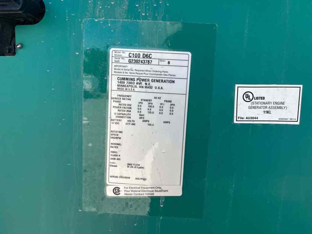Cummins C100D6C Standby Diesel Generator - Tier 3
